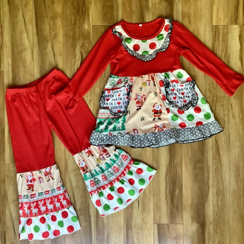 Holiday Santa Red Kids Matching Set - Festive Polka Dot Ruffle Top & Pants